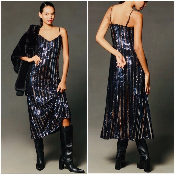 Anthropologie Dresses & Skirts - ANTHROPOLOGIE Maeve Sequins Bling Cocktail Party Striped Midi Dress Sz M/P NWT